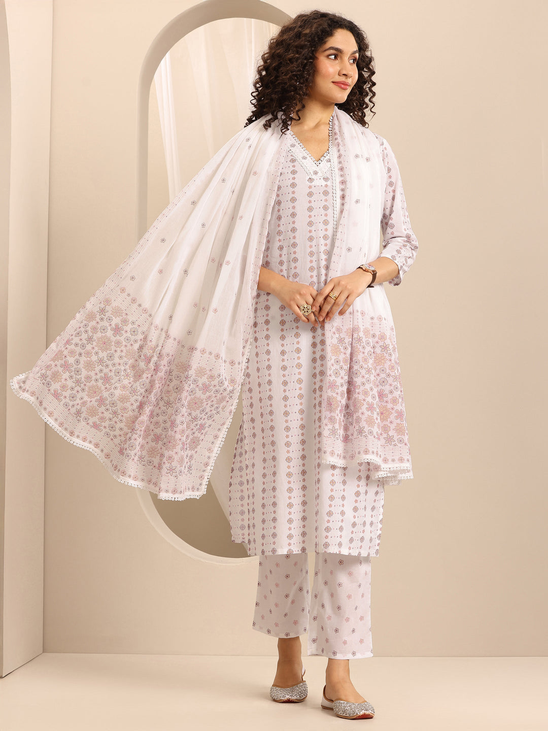 White Printed Cotton Blend Straight Suit Set With Dupatta