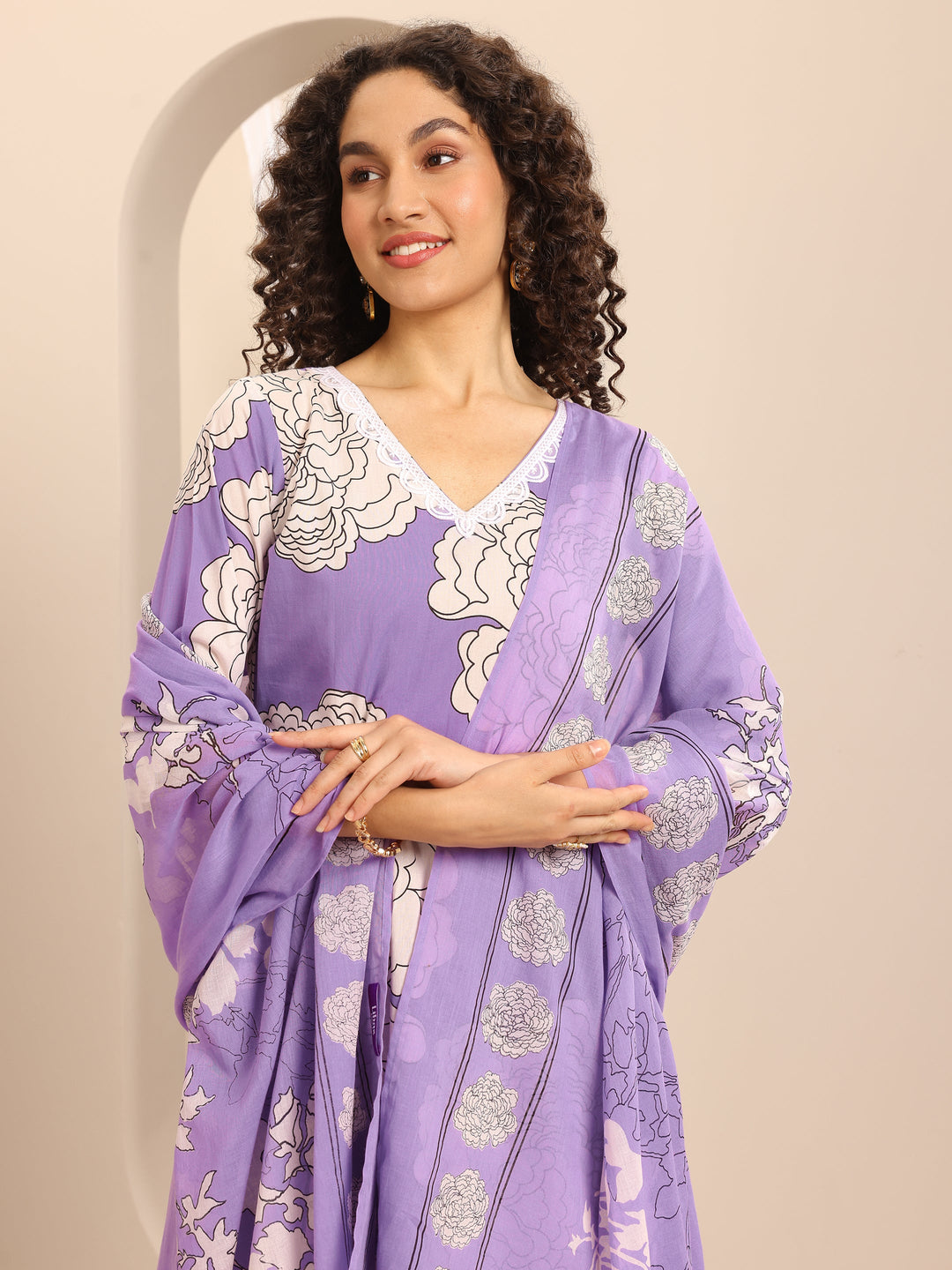 Purple Printed Cotton Blend Straight Suit Set With Dupatta