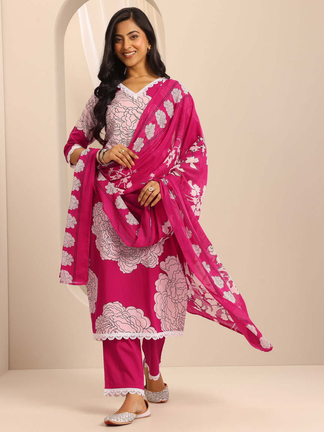 Pink Printed Cotton Blend Straight Suit Set With Dupatta