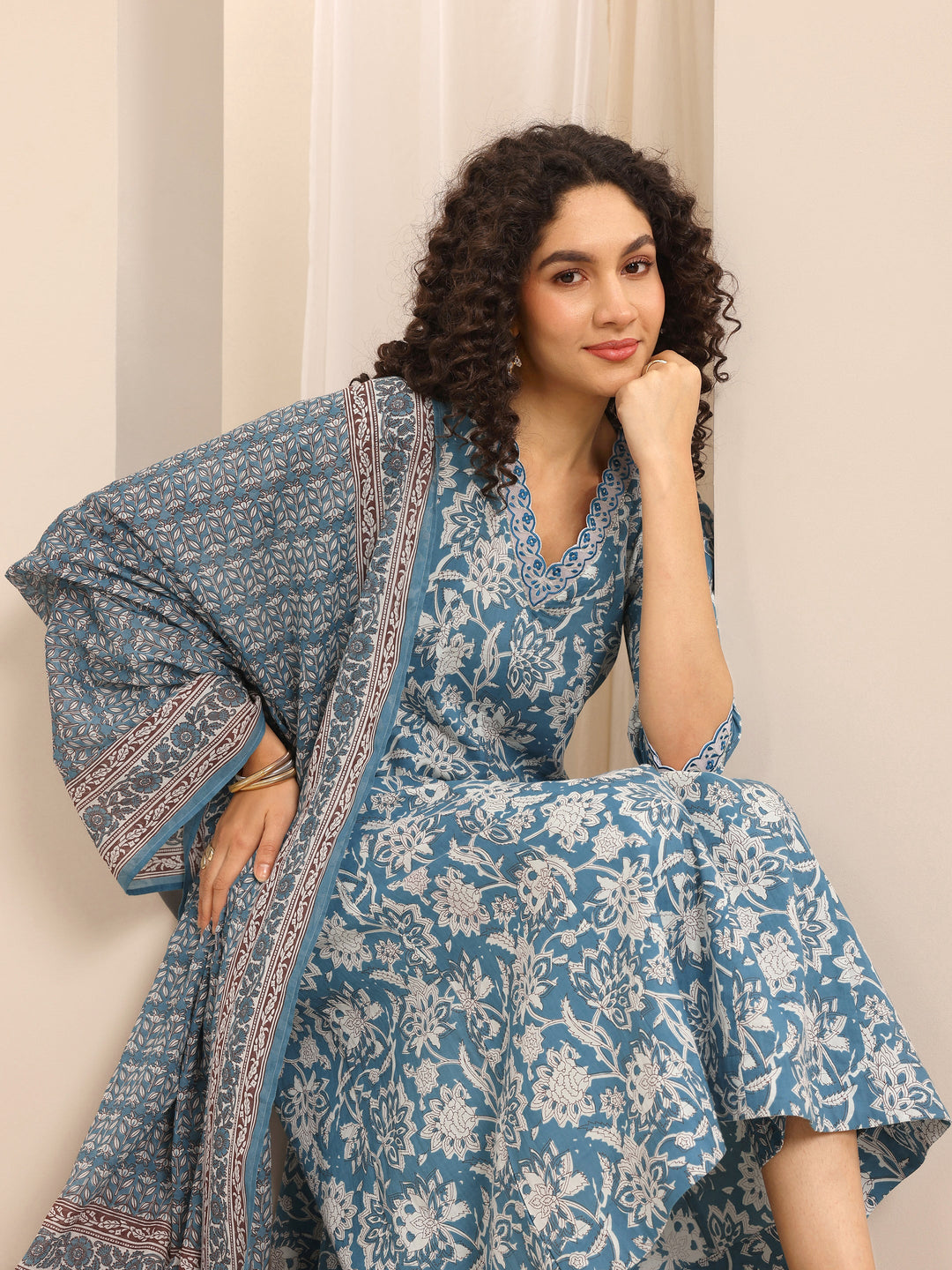 Blue Printed Cotton Blend Anarkali Suit Set With Dupatta