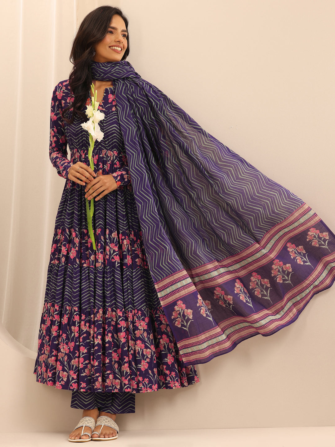 Purple Printed Cotton Anarkali Suit Set With Dupatta