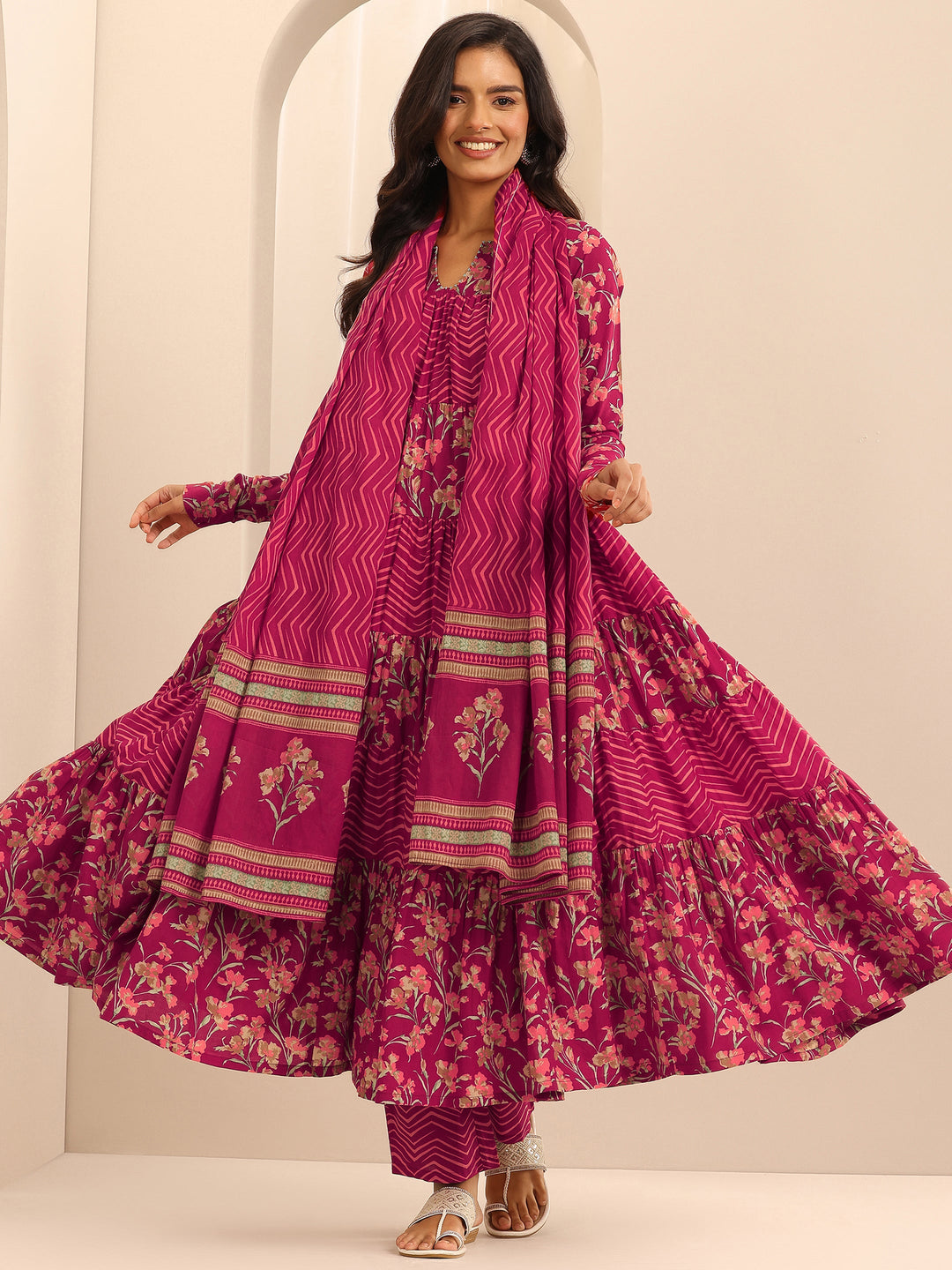 Red Printed Cotton Anarkali Suit Set With Dupatta