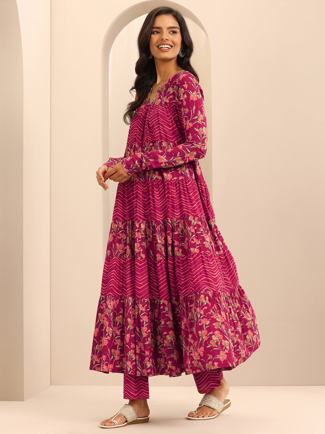 Red Printed Cotton Anarkali Suit Set With Dupatta