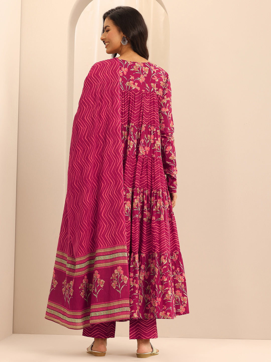 Red Printed Cotton Anarkali Suit Set With Dupatta