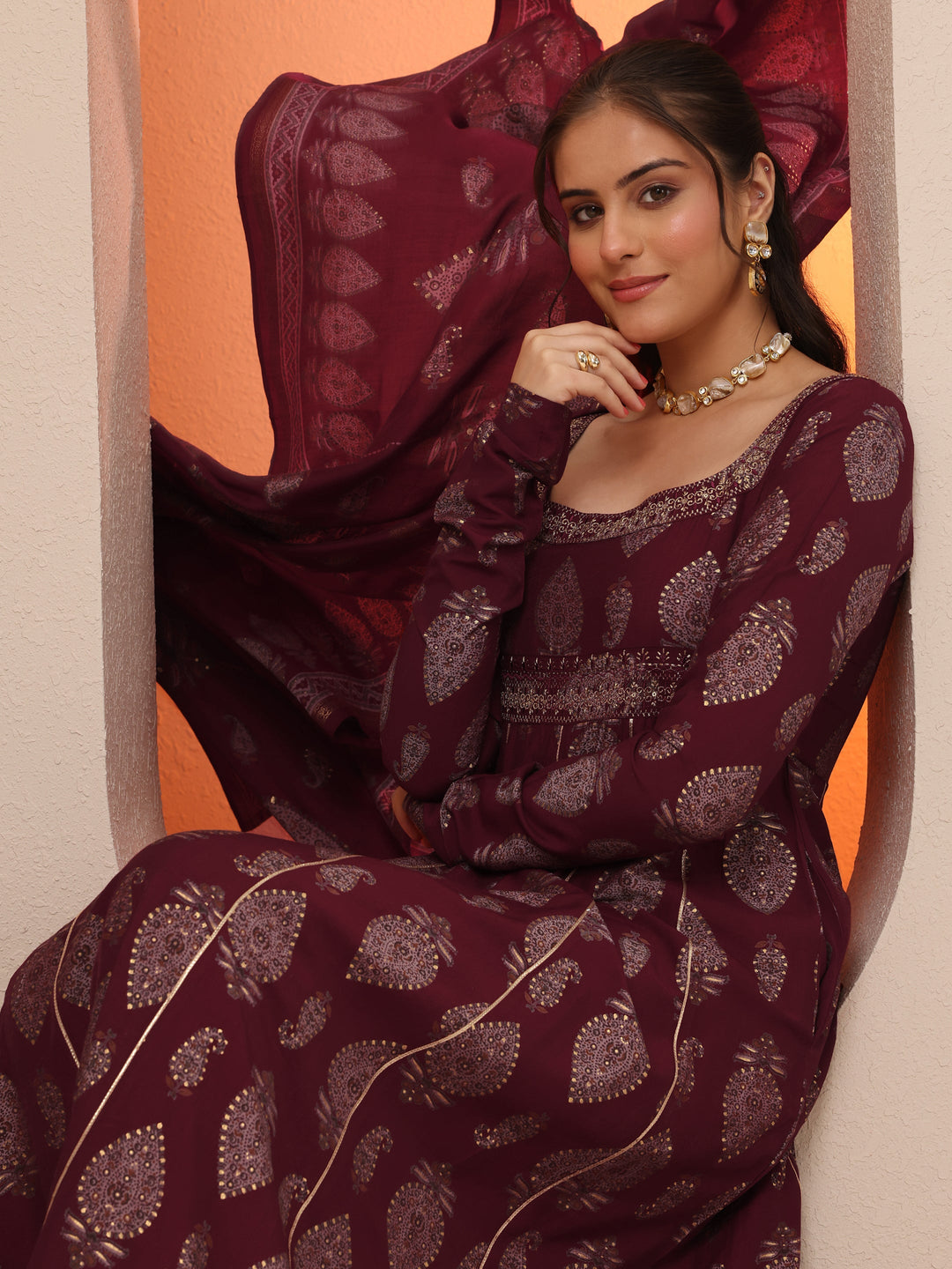 Maroon Printed Silk Blend Anarkali Suit Set With Dupatta