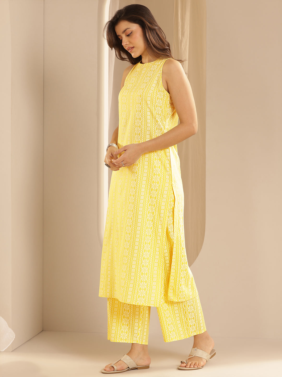 Yellow Printed Rayon Straight Kurta Set