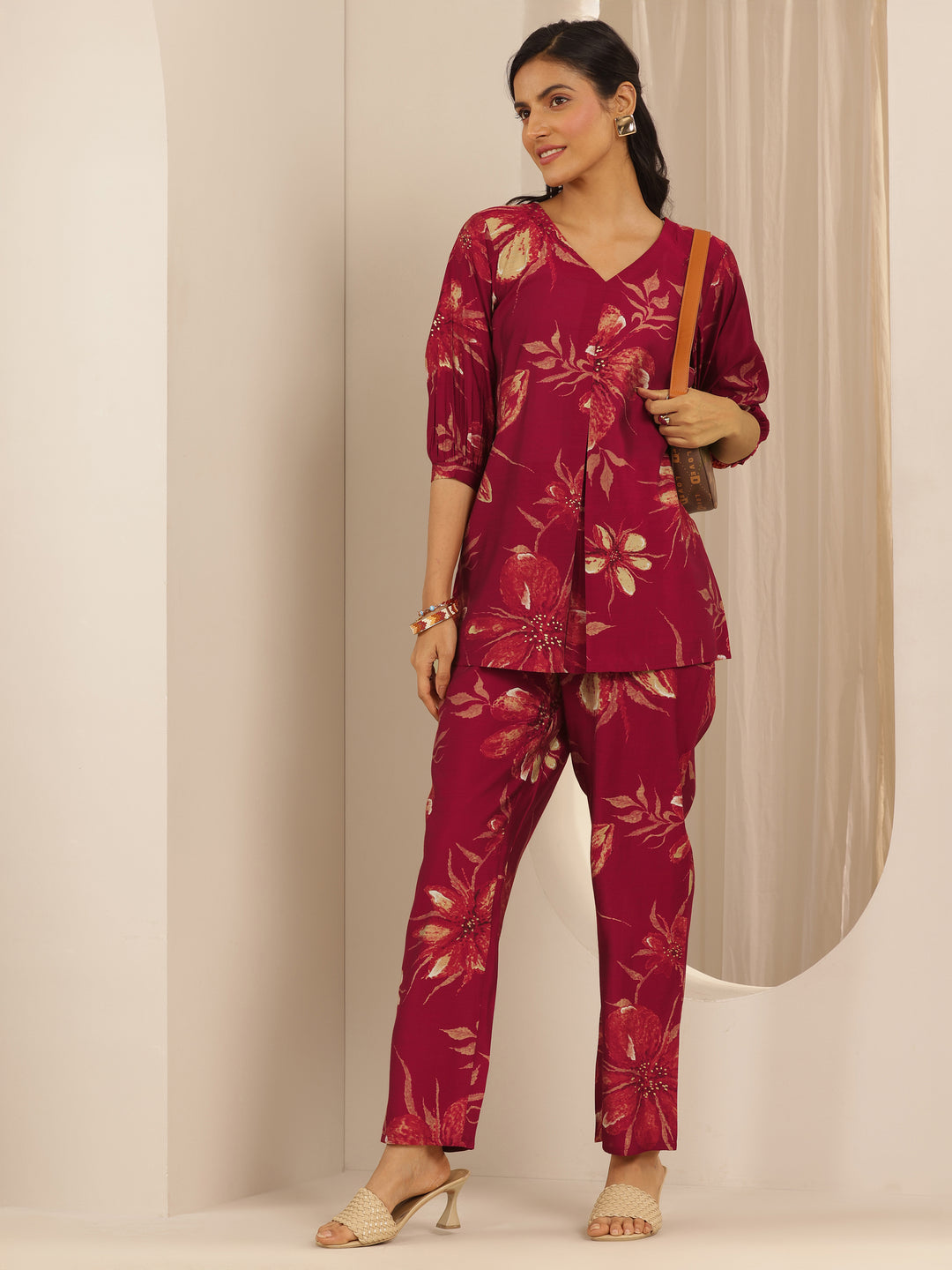 Maroon Printed Silk Blend Co-ord Sets