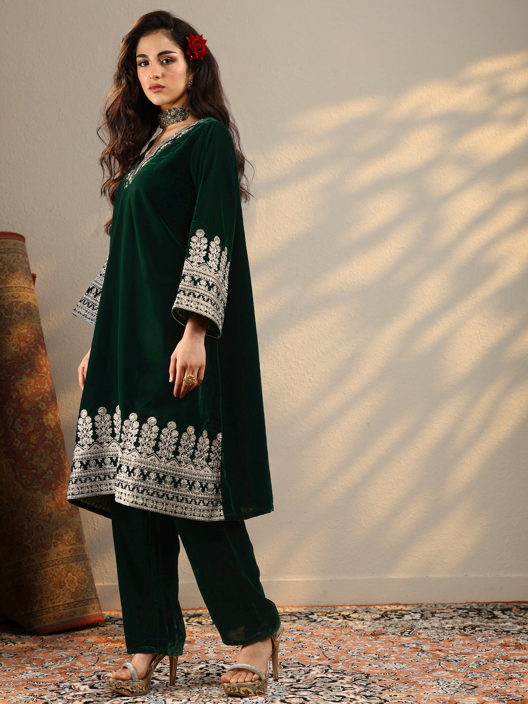 Green Embroidered Velvet Straight Kurta Set