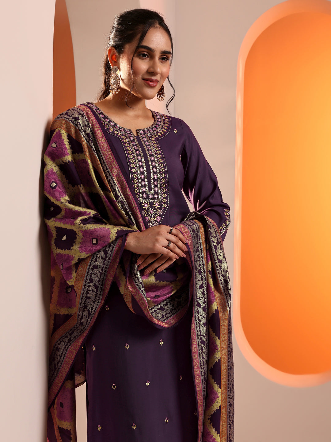Purple Embroidered Rayon Straight Suit Set With Dupatta