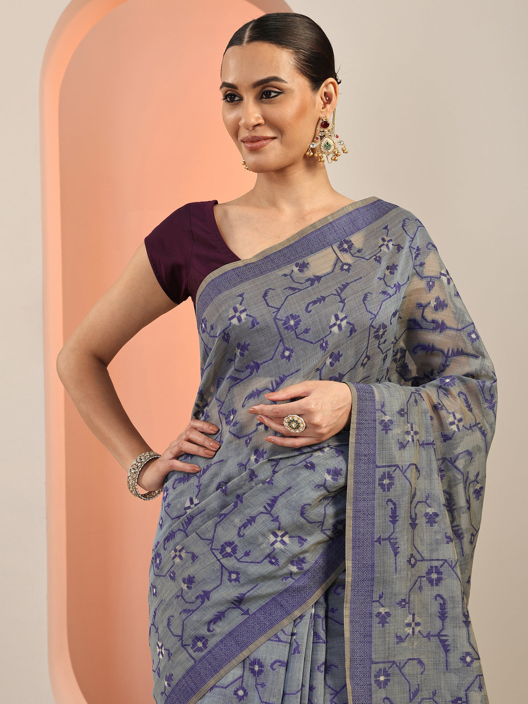 Navy Blue Woven Cotton Blend Saree With Unstitched Blouse Piece