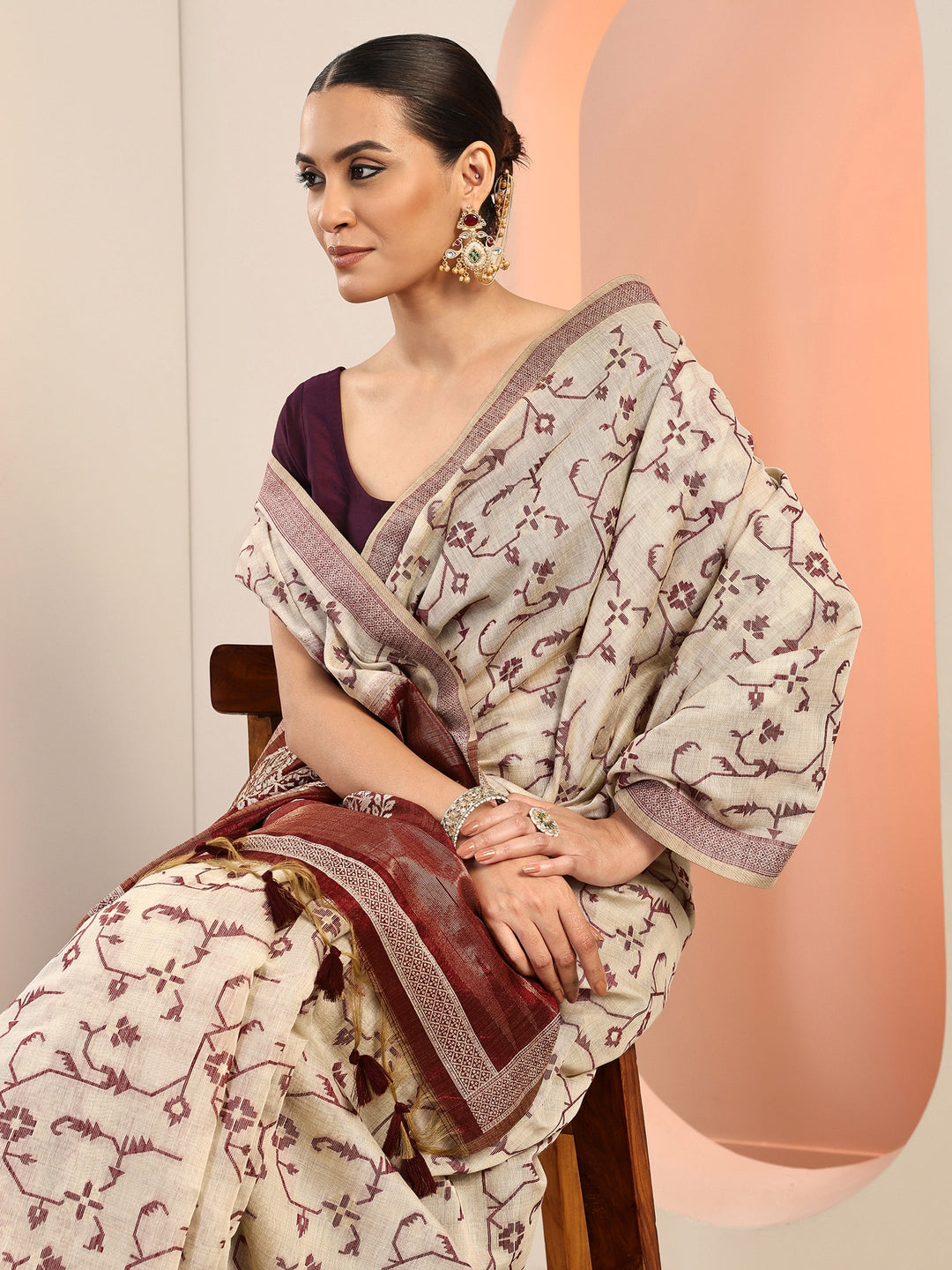 Rust Woven Cotton Blend Saree With Unstitched Blouse Piece