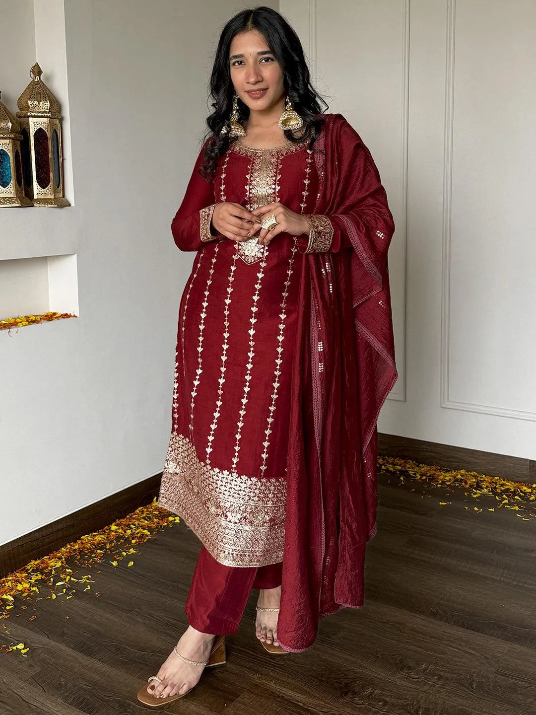 Maroon - Polka Zari Butta Spun Dupion Silk Long Straight Kurta 01