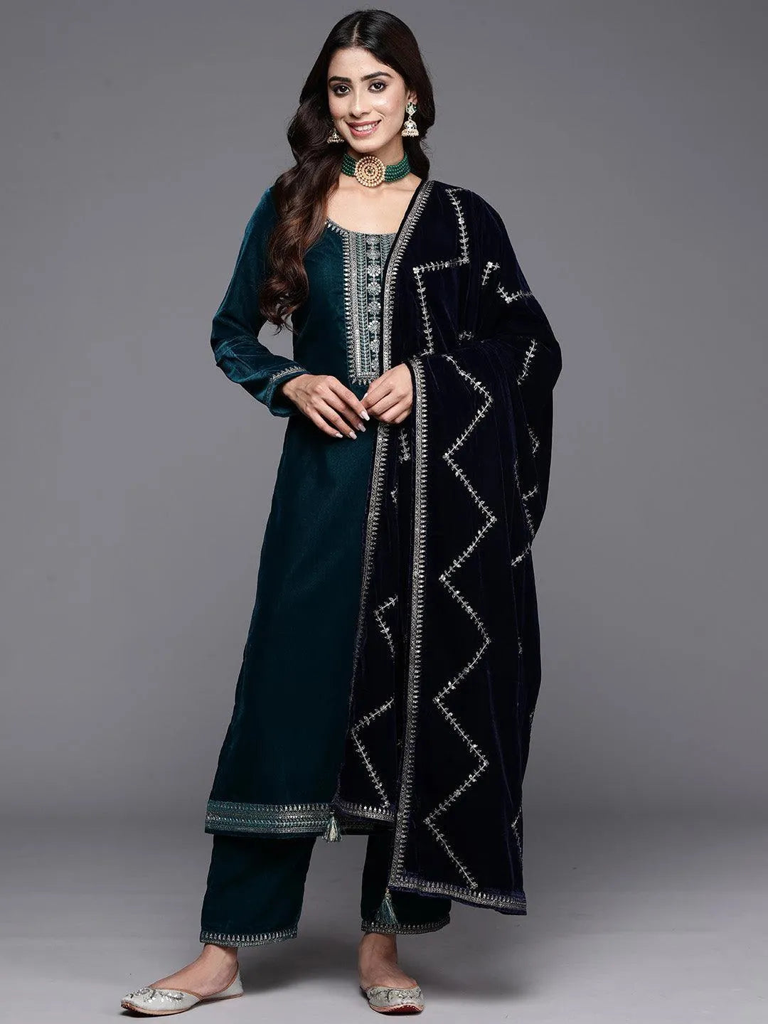 Teal Yoke Design Velvet Straight Suit With Dupatta