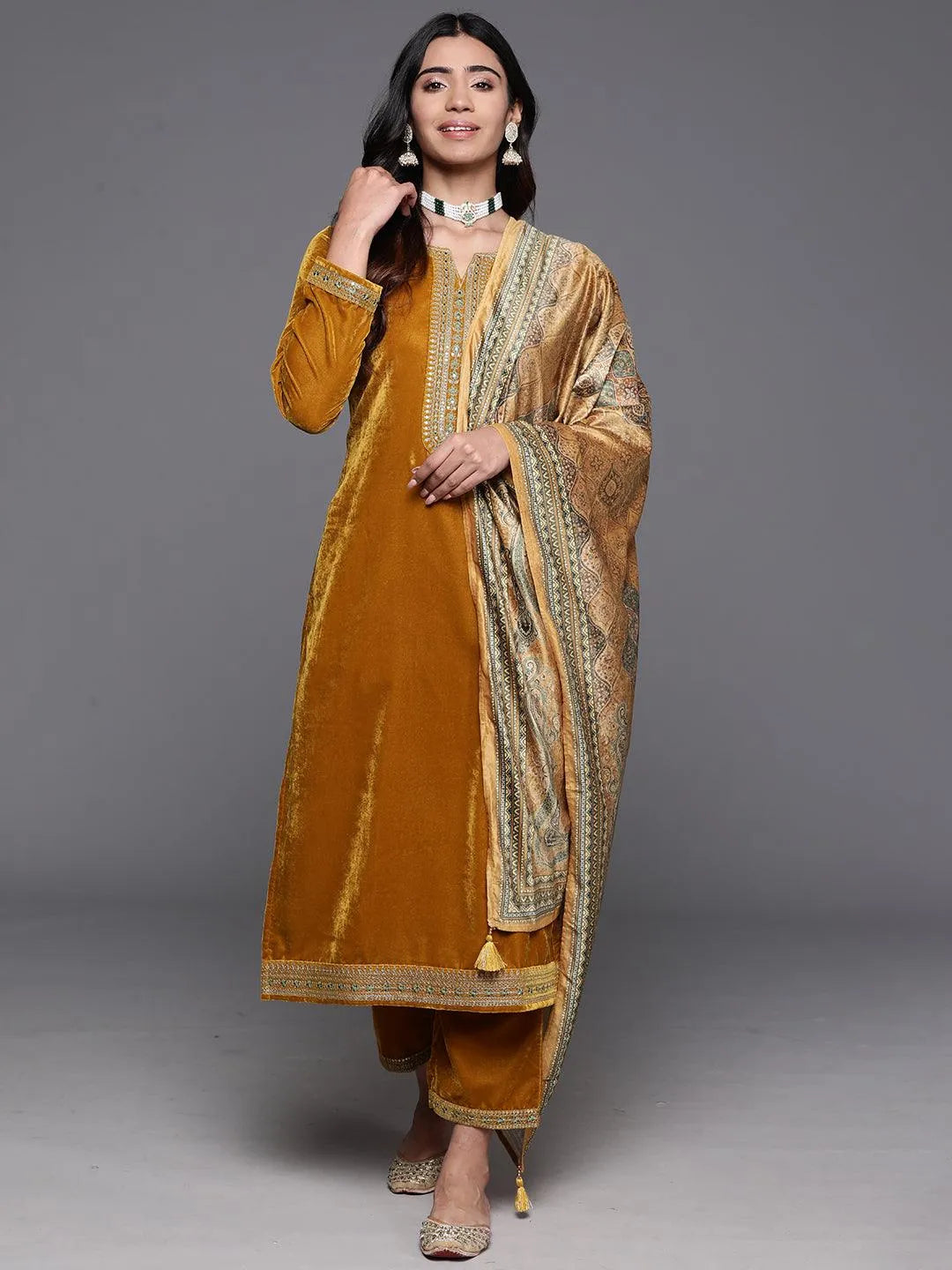 Mustard Yoke Design Velvet Straight Suit With Dupatta