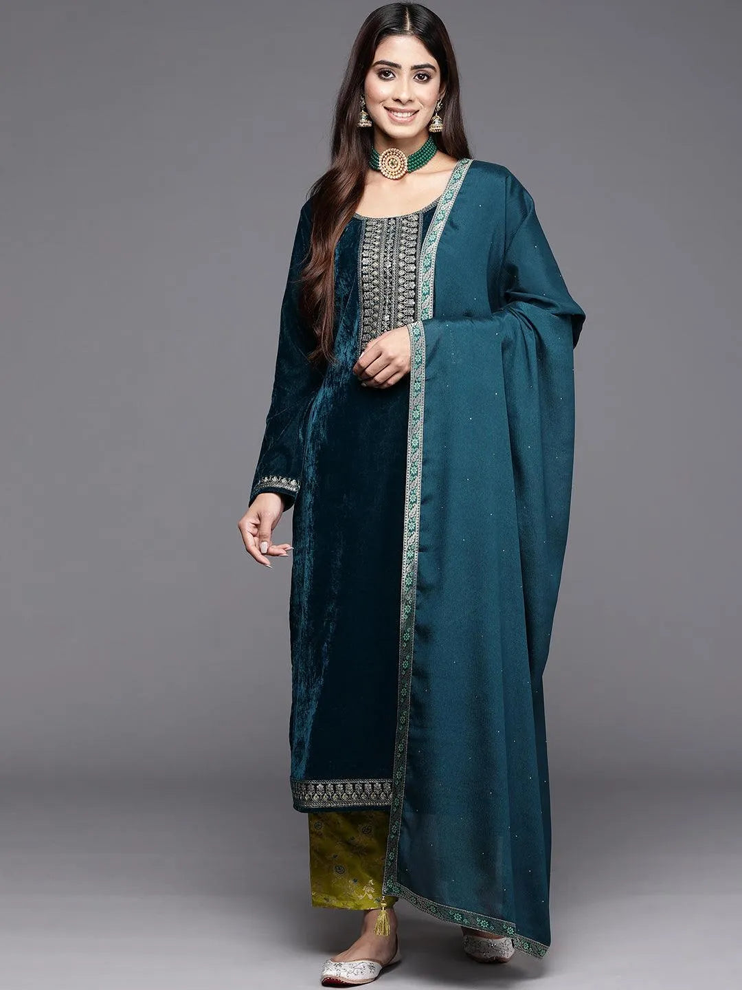 Green Yoke Design Velvet Straight Suit With Dupatta Online at Rs.3449 | Libas