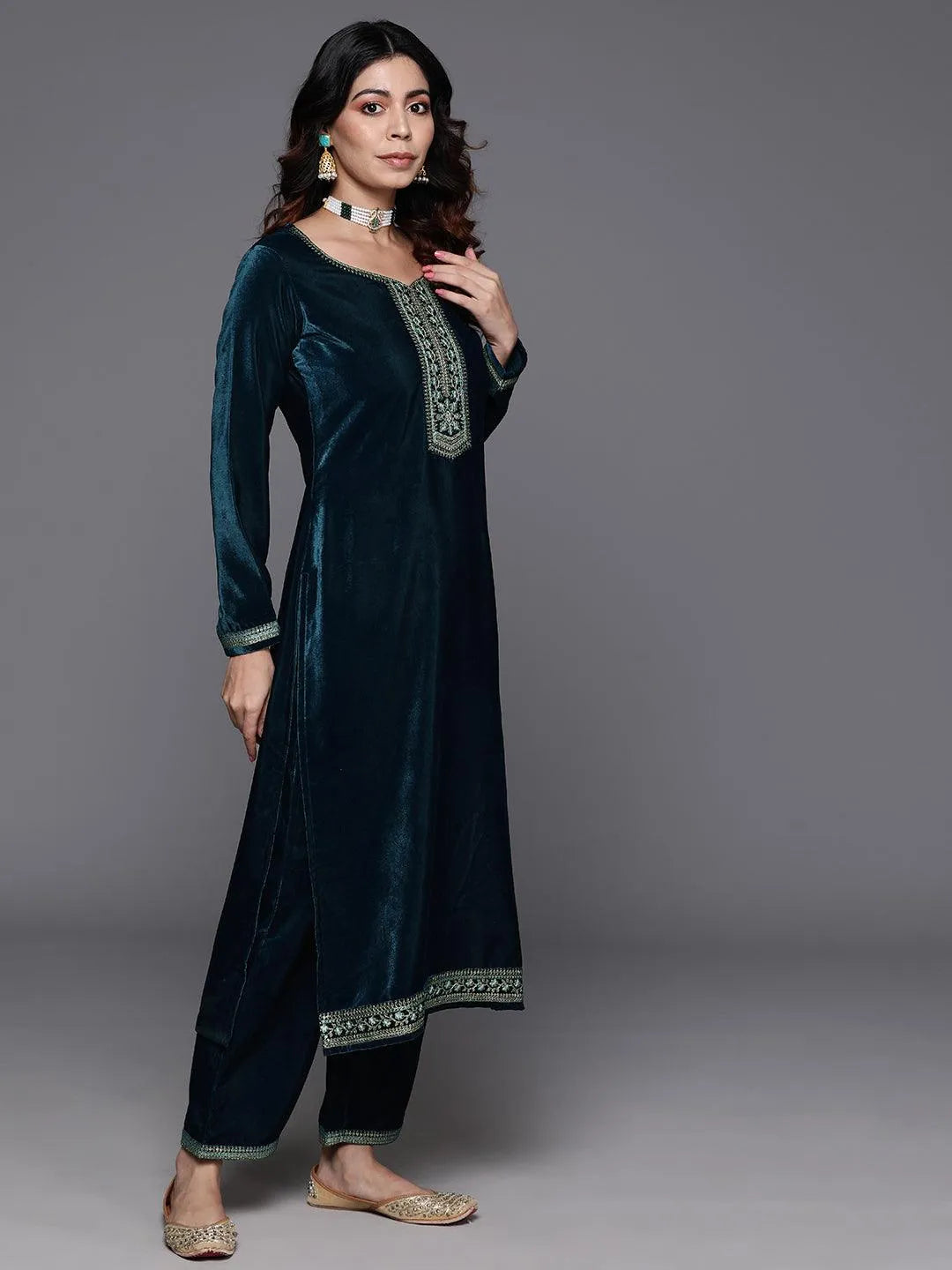 Teal Yoke Design Velvet Straight Suit With Dupatta - Libas