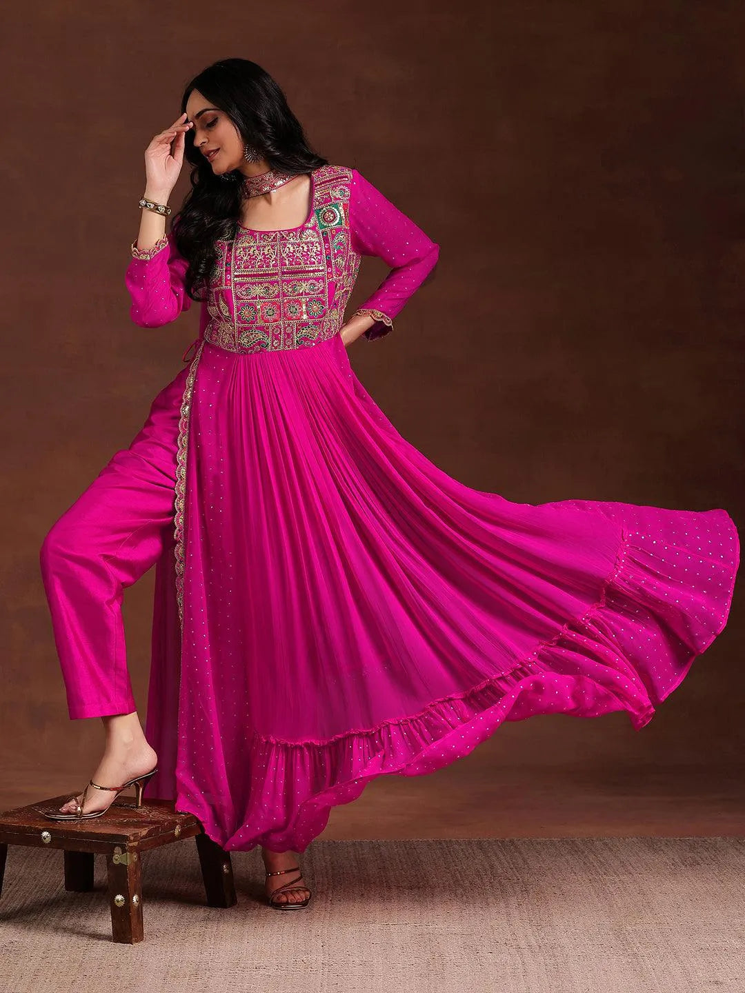 Libas Art Pink Yoke Design Georgette Anarkali Suit With Dupatta - Libas