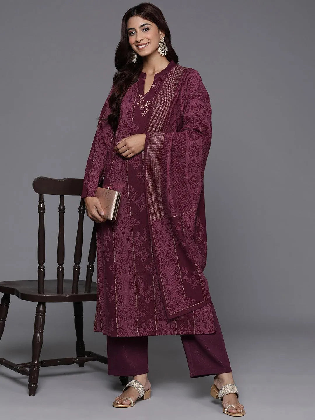 Maroon Self Design Wool Blend Straight Kurta With Trousers & Dupatta - Libas