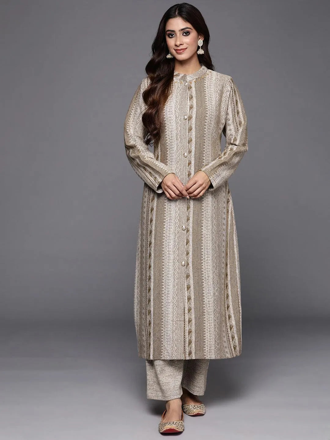 Beige Self Design Wool Blend A-Line Kurta With Trousers - Libas
