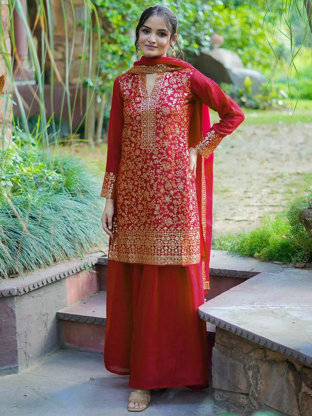 Libas Art Red Self Design Silk Blend Straight Suit With Dupatta