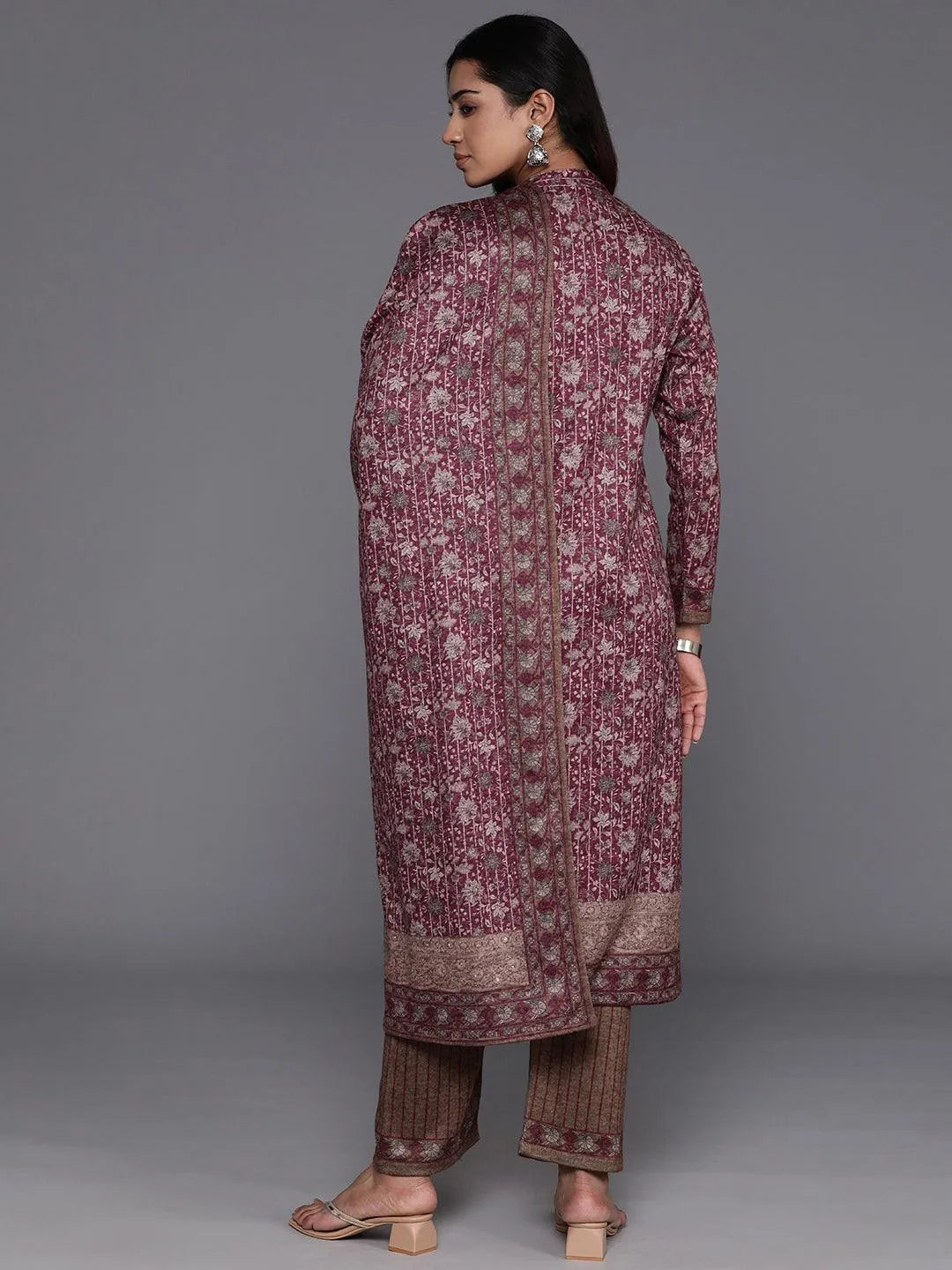 Maroon Printed Wool Blend Straight Kurta With Palazzos & Dupatta - Libas