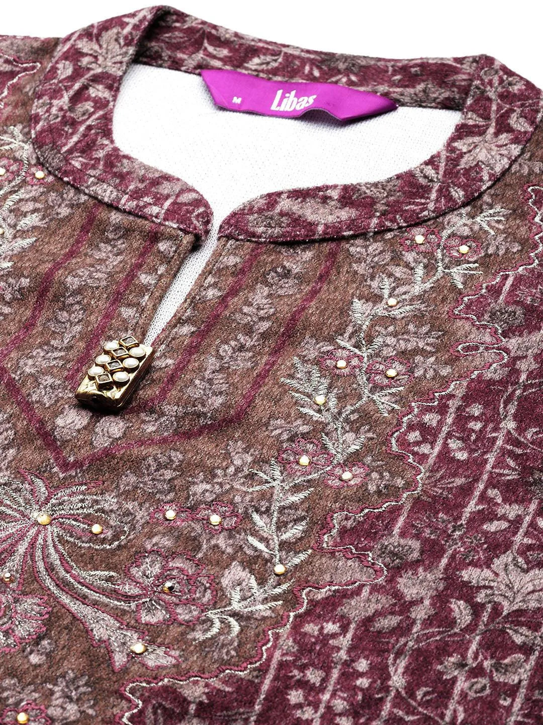 Maroon Printed Wool Blend Straight Kurta With Palazzos & Dupatta - Libas