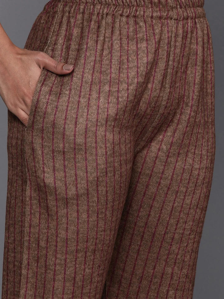 Maroon Printed Wool Blend Straight Kurta With Palazzos & Dupatta - Libas