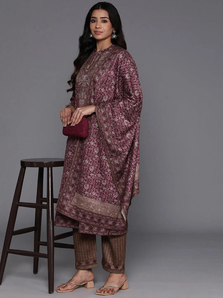 Maroon Printed Wool Blend Straight Kurta With Palazzos & Dupatta - Libas