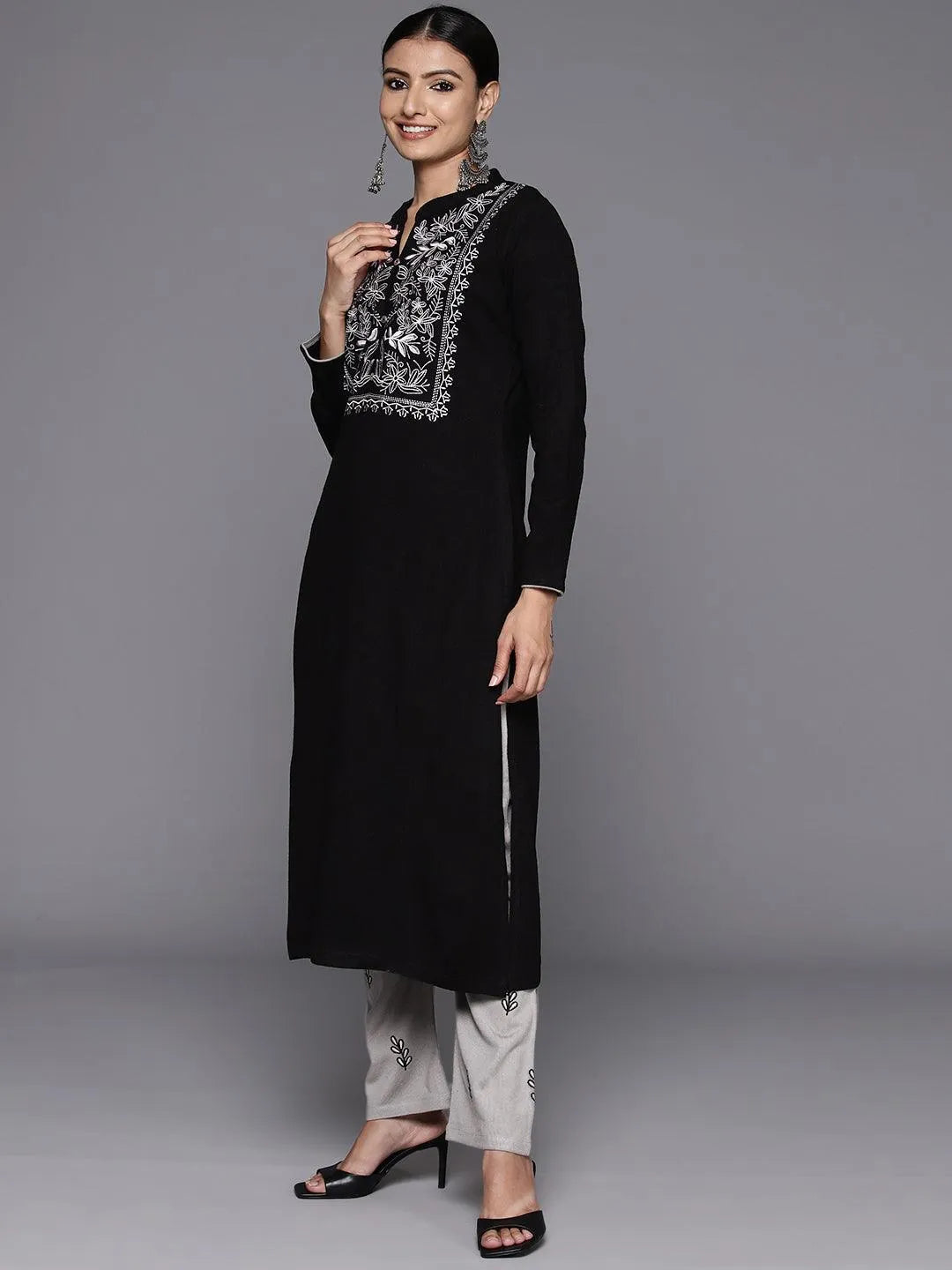 Black Yoke Design Wool Blend Straight Kurta With Palazzos & Dupatta - Libas