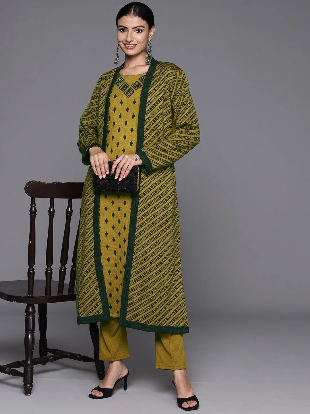 Mustard Woven Design Wool Straight Kurta With Trousers - Libas