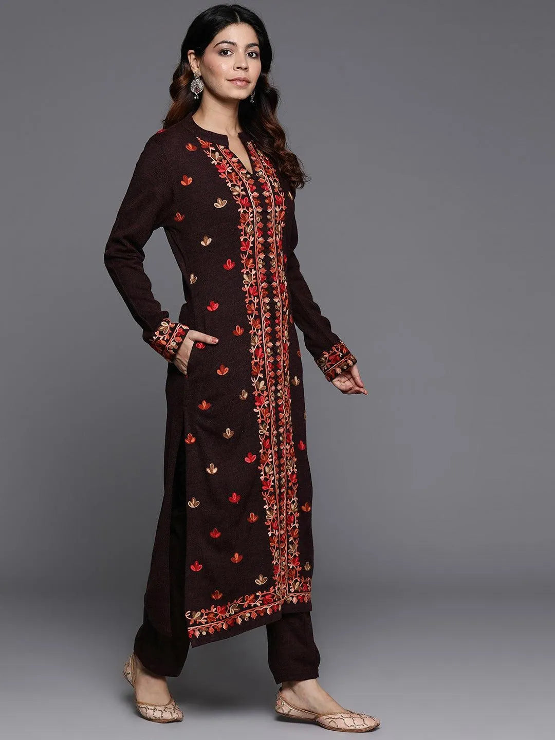 Wine Embroidered Wool Straight Kurta Set - Libas