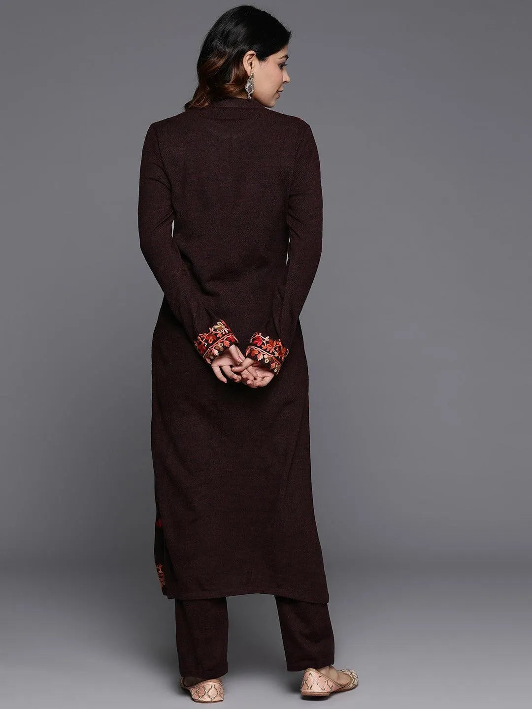 Wine Embroidered Wool Straight Kurta Set - Libas