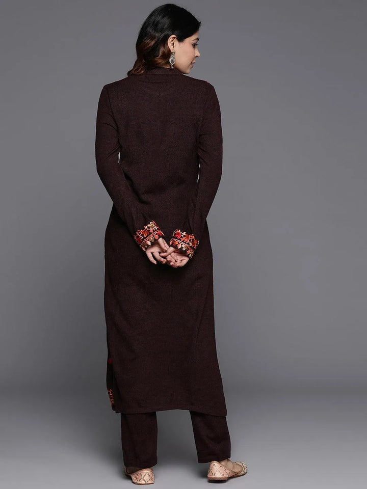 Wine Embroidered Wool Straight Kurta Set - Libas