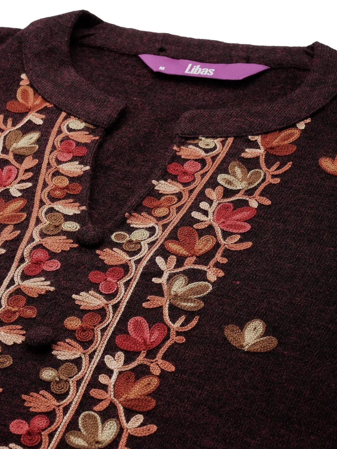 Wine Embroidered Wool Straight Kurta Set - Libas
