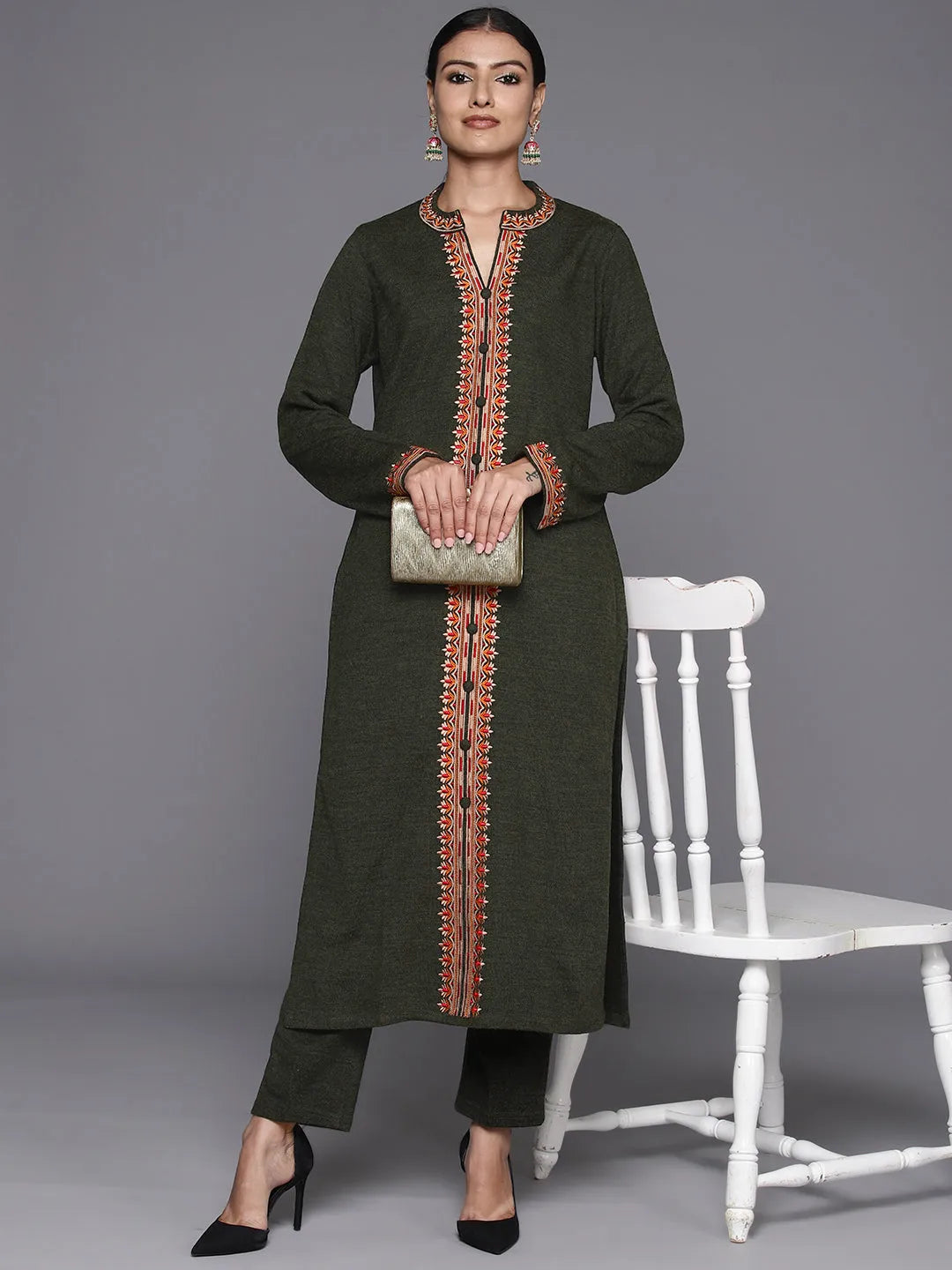 Olive Embroidered Wool Straight Kurta Set