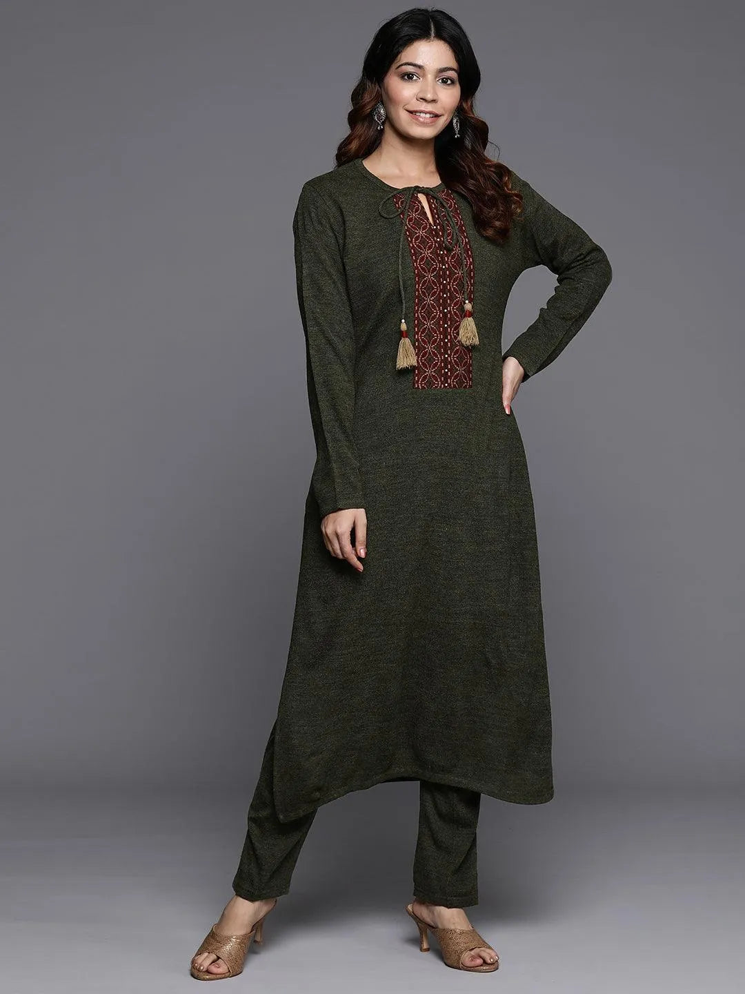 Olive Yoke Design Wool Straight Kurta Set - Libas