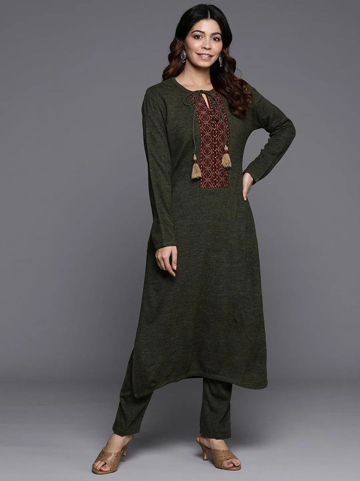 Olive Yoke Design Wool Straight Kurta Set - Libas
