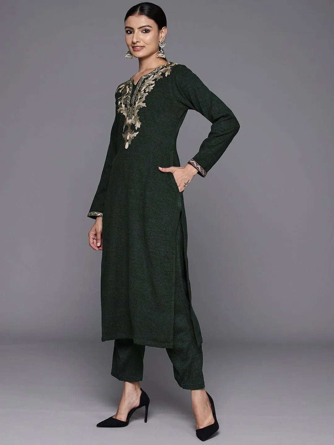 Green Yoke Design Wool Straight Kurta With Trousers - Libas
