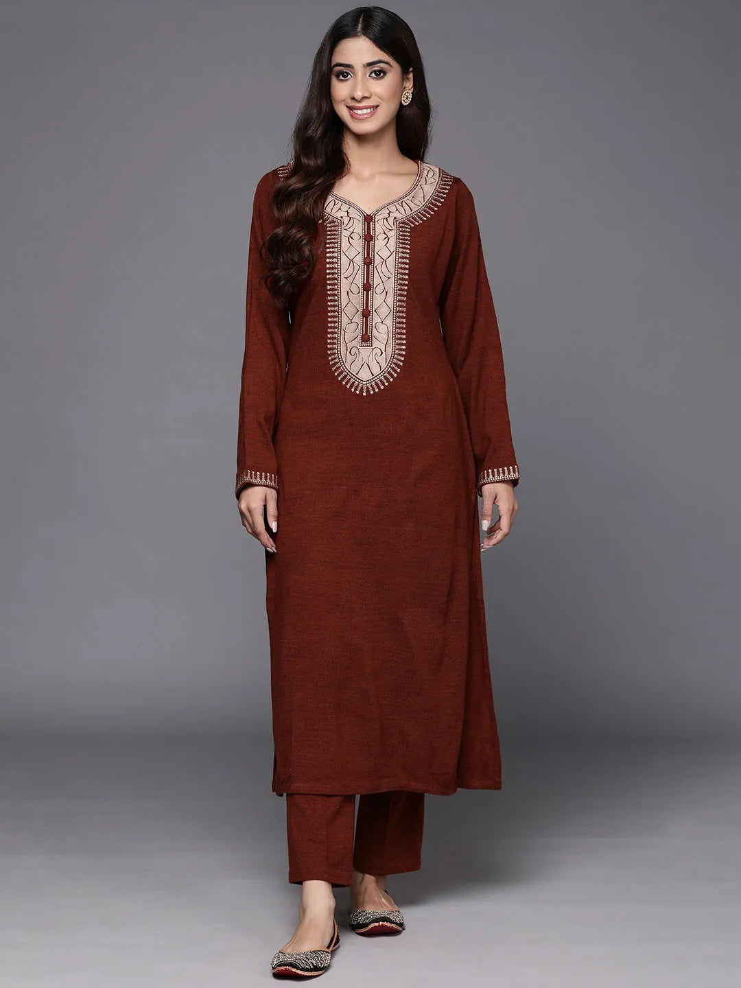 Wine Yoke Design Wool Straight Kurta Set