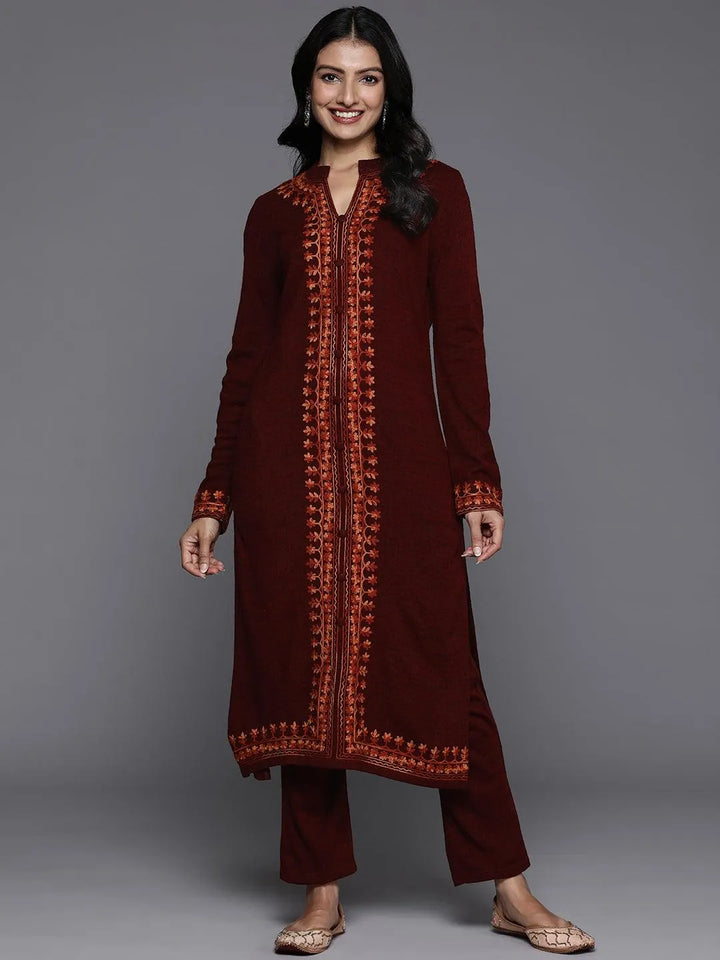 Maroon Embroidered Wool Straight Kurta Set - Libas