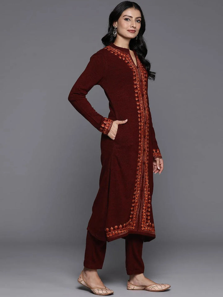 Maroon Embroidered Wool Straight Kurta Set - Libas