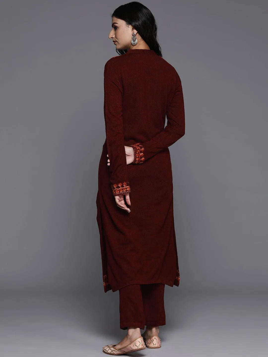 Maroon Embroidered Wool Straight Kurta Set - Libas