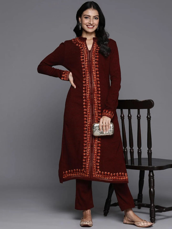 Maroon Embroidered Wool Straight Kurta Set - Libas