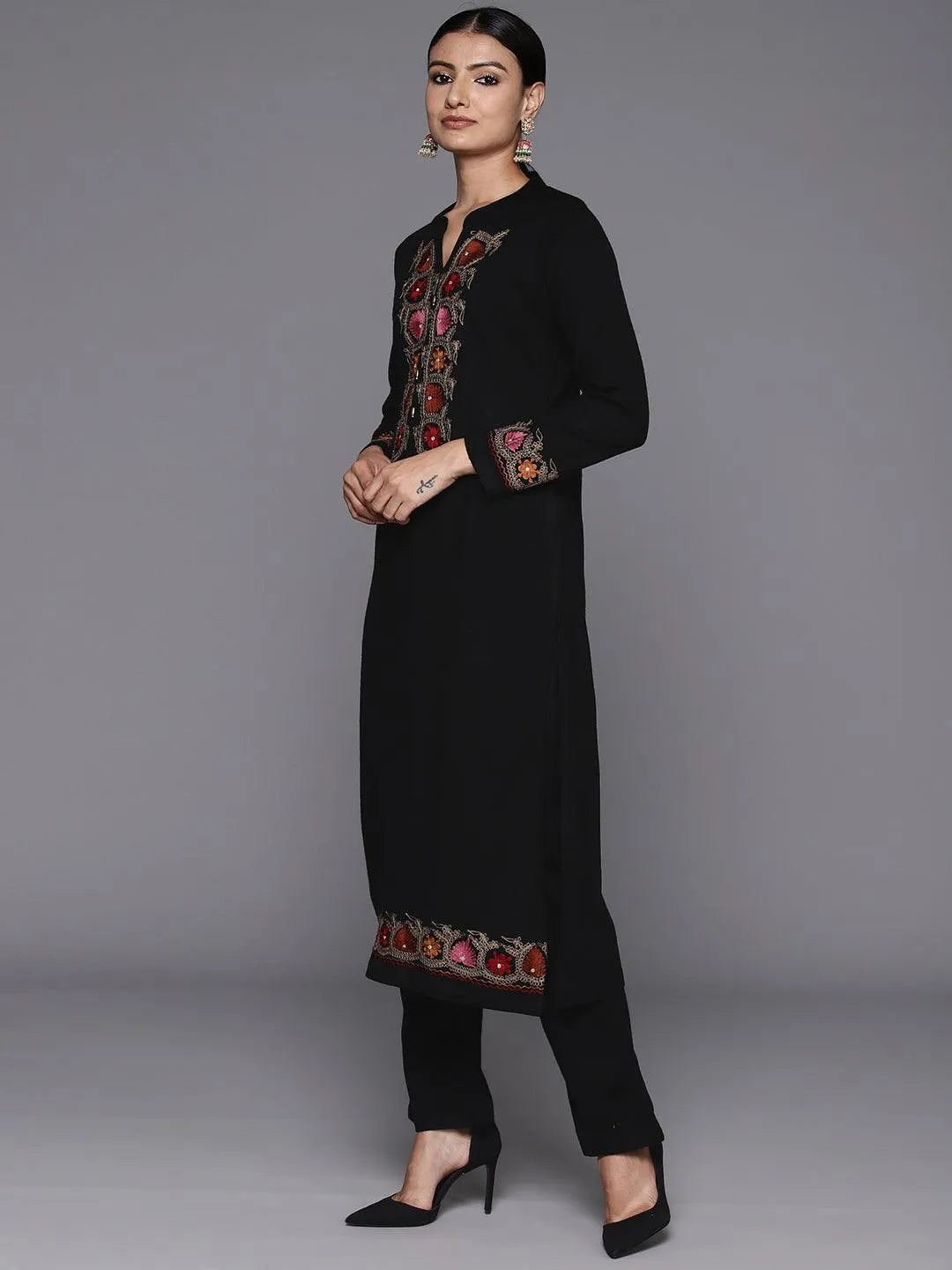 Black Yoke Design Wool Straight Kurta With Trousers - Libas