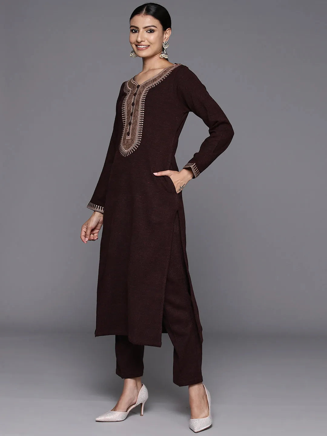 Rust Yoke Design Wool Straight Kurta Set