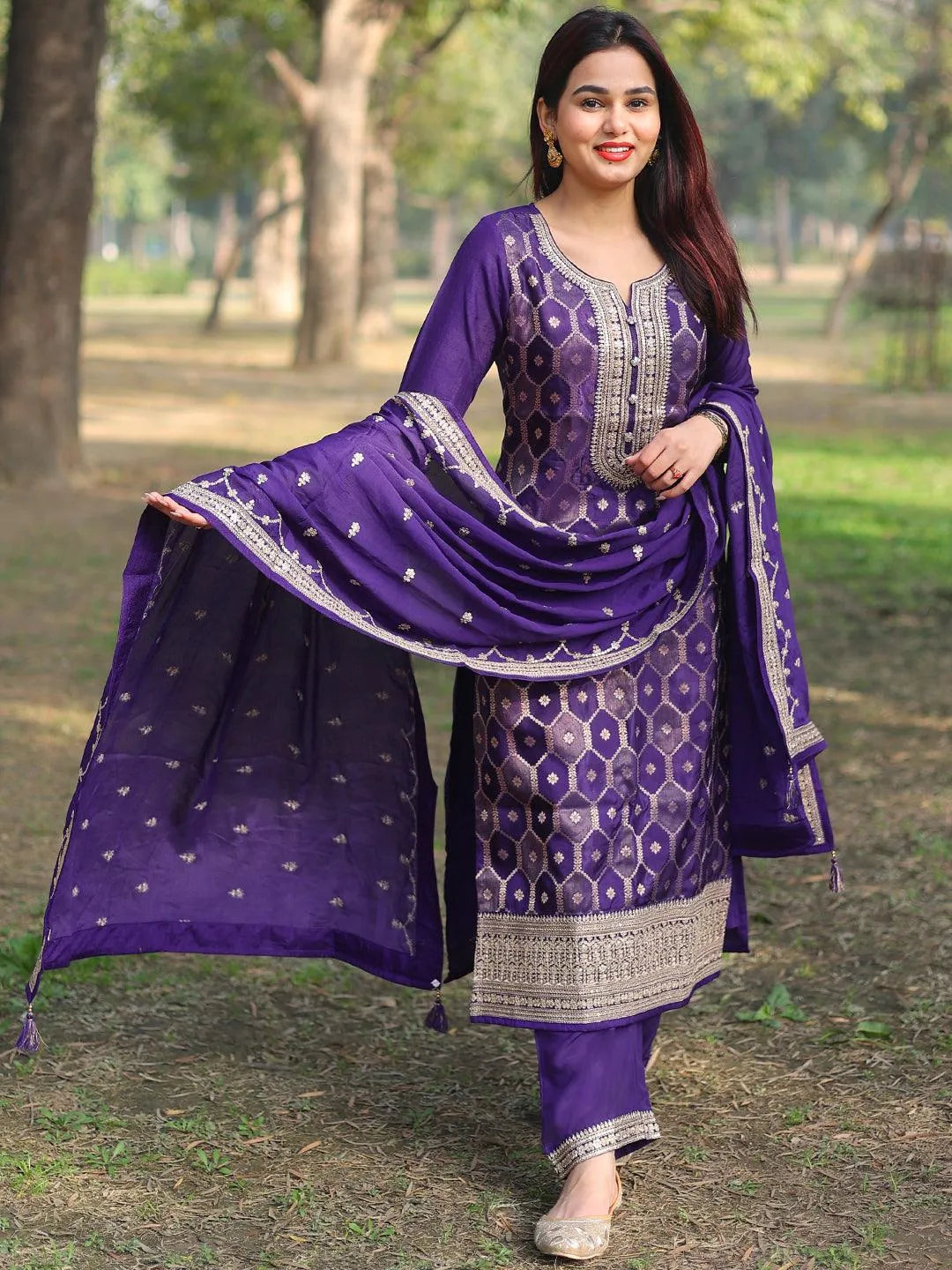 Purple Woven Design Silk Blend Straight Kurta With Palazzos & Dupatta Online at Rs.2729 | Libas