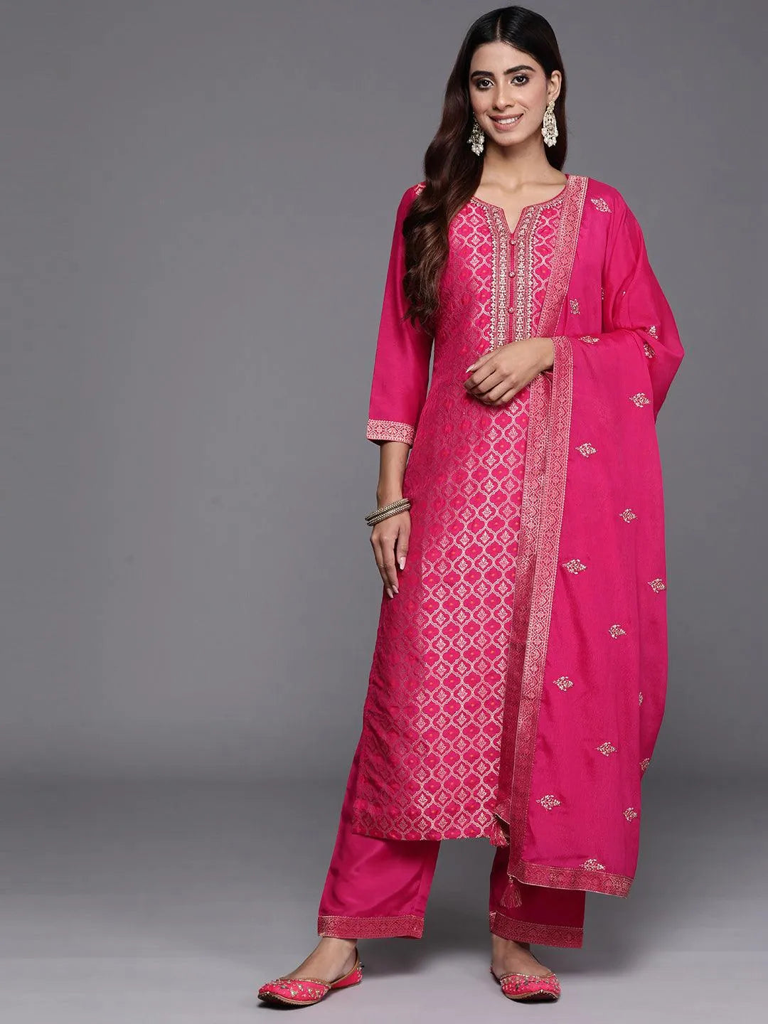 Pink Woven Design Silk Blend Straight Kurta With Palazzos & Dupatta Online at Rs.2399 | Libas
