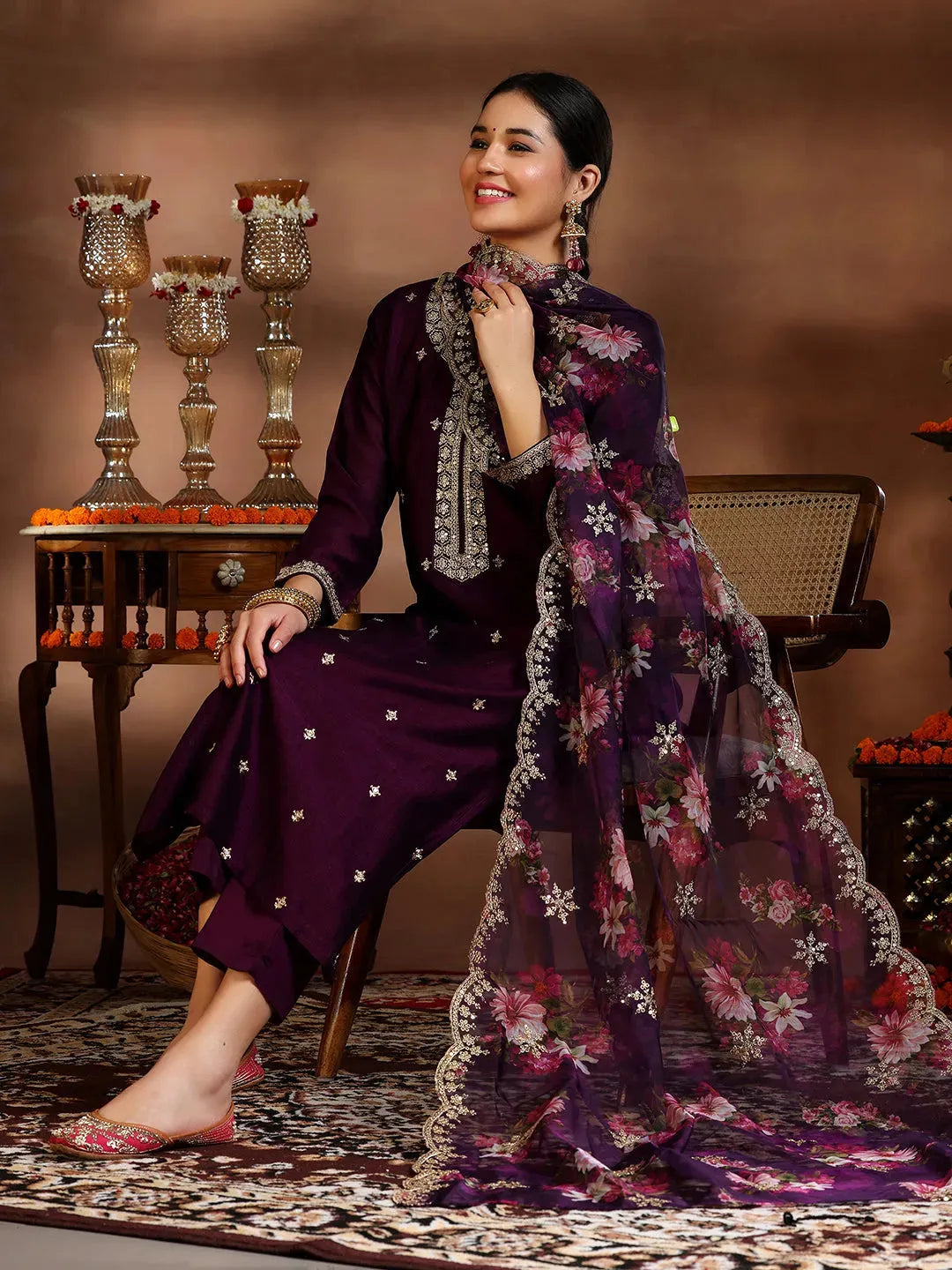 Red Embroidered Silk Blend Straight Suit Set With Dupatta