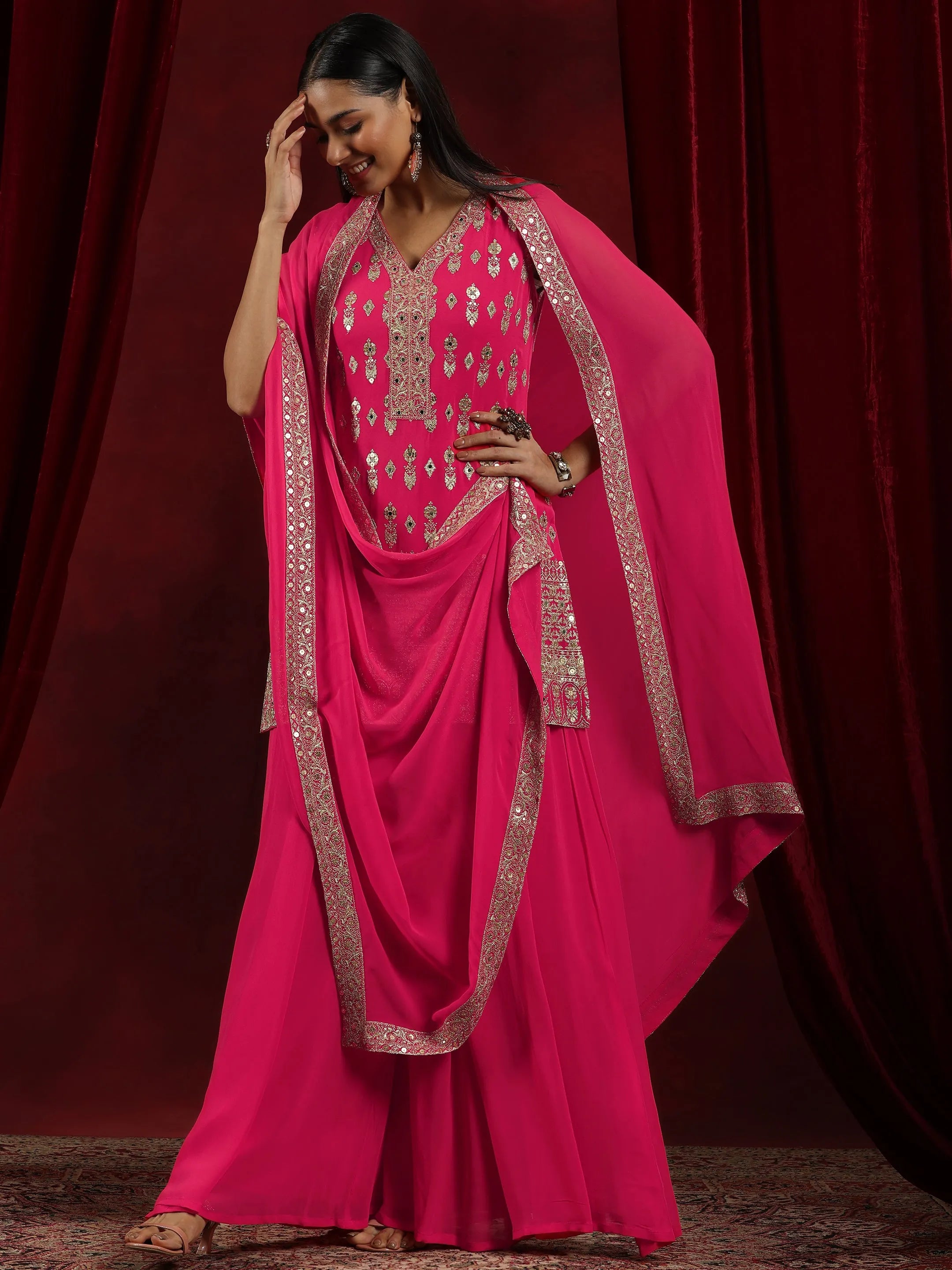 Libas Art Orange Embroidered Georgette A-Line Suits Set With Dupatta