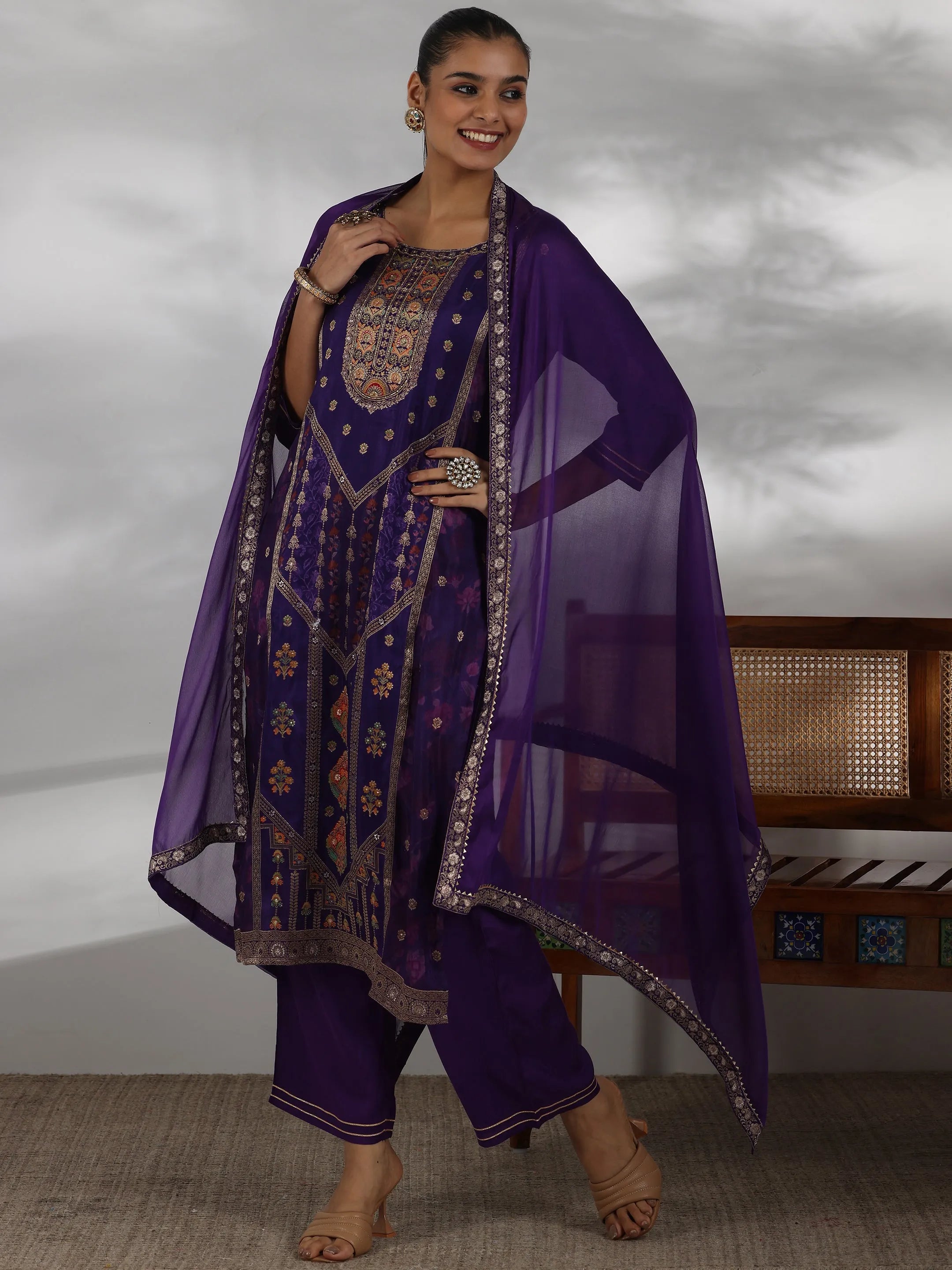 Purple Woven Design Silk Blend Straight Suit With Dupatta Online at Rs.2699 | Libas